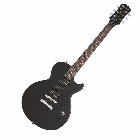 Epiphone Les Paul Special Satin E1 Vintage Worn Ebony, guitarra completa en vista diagonal
