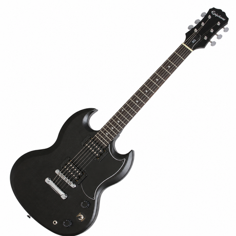 Epiphone SG Special Satin E1 Worn Ebony, guitarra completa en vista diagonal
