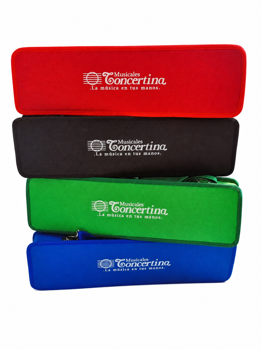 Estuches Concertina rojo, negro, verde y azul sobre fondo blanco