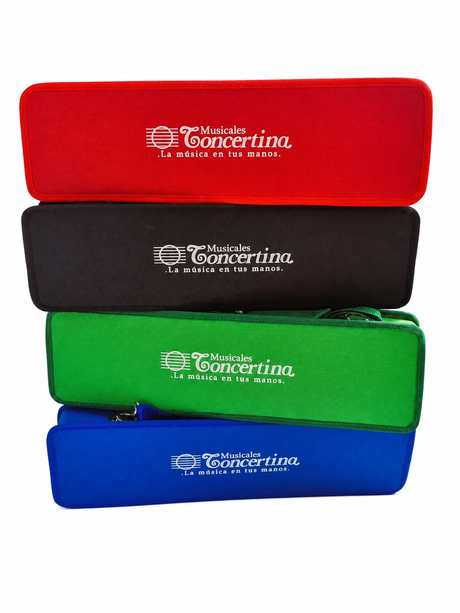 Estuches Concertina rojo, negro, verde y azul sobre fondo blanco
