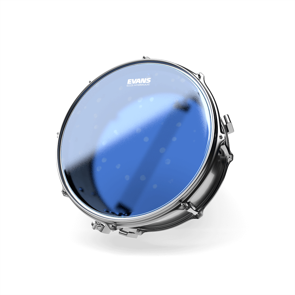 Parche Evans Hydraulic Blue Coated B14HB instalado en redoblante