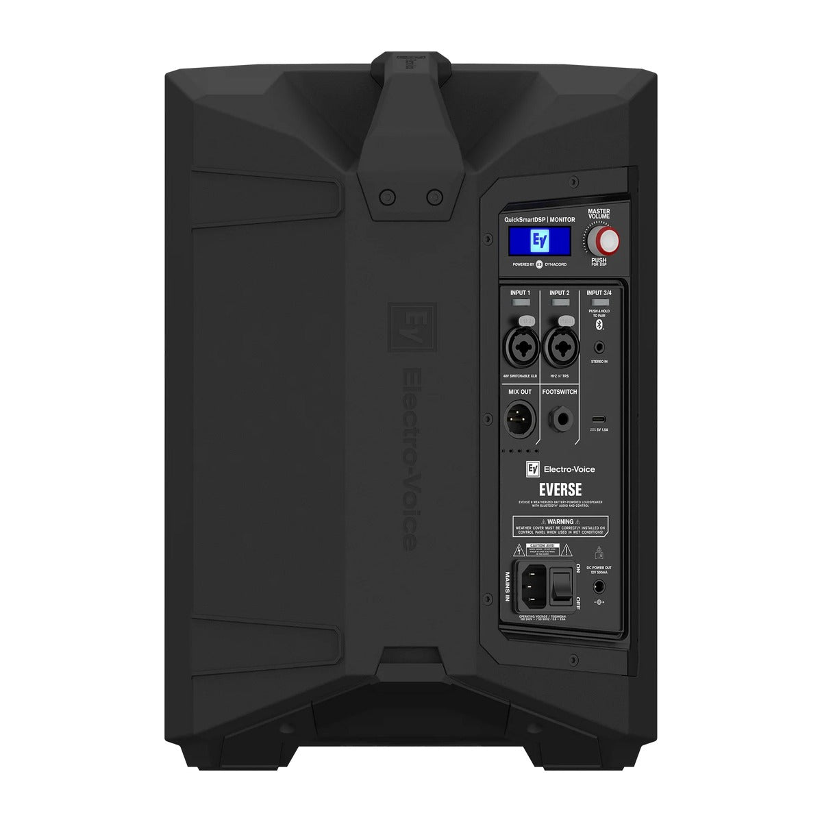 Cabina recargable Electro-Voice EVERSE 8 negra, vista posterior y panel de control
