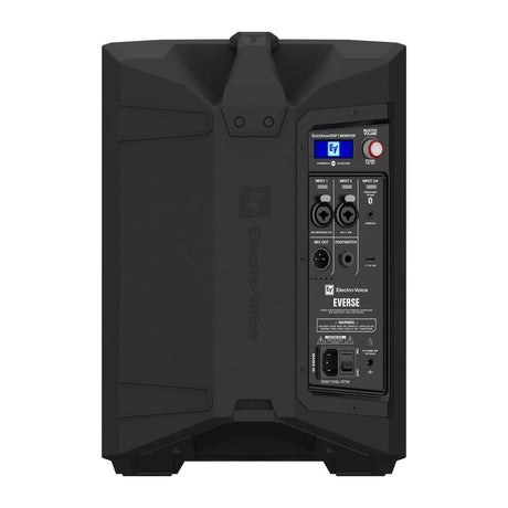 Cabina recargable Electro-Voice EVERSE 8 negra, vista posterior y panel de control