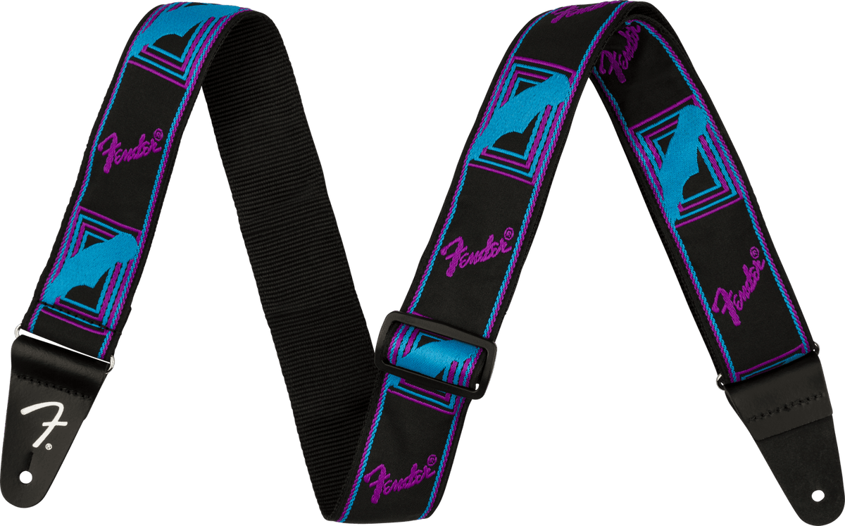 Correa Fender Neon Monogrammed azul y morado, vista frontal