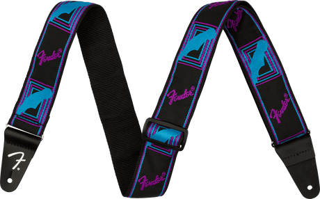 Correa Fender Neon Monogrammed azul y morado, vista frontal