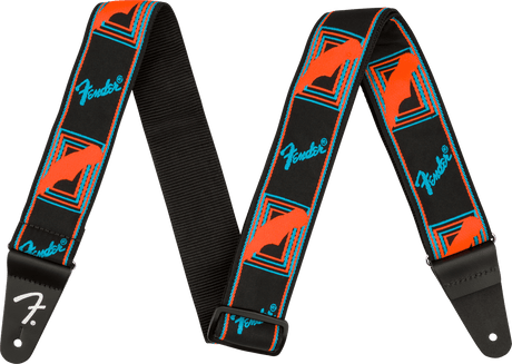 Correa Fender Neon Monogrammed azul y naranja, vista frontal