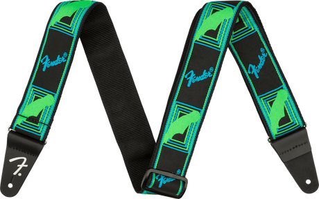 Correa Fender Neon Monogrammed verde y azul, vista frontal