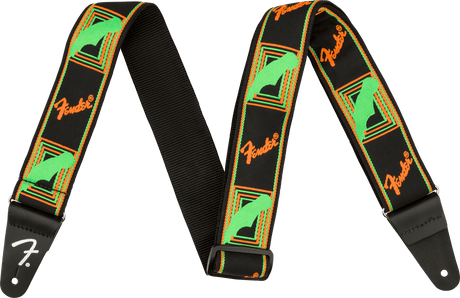 Correa Fender Neon Monogrammed verde y naranja, vista frontal