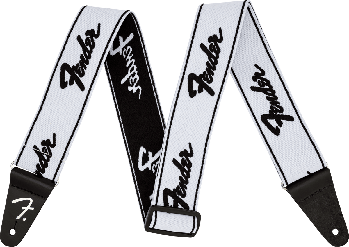 Correa Fender WeighLess Running Logo blanca y negra, vista frontal