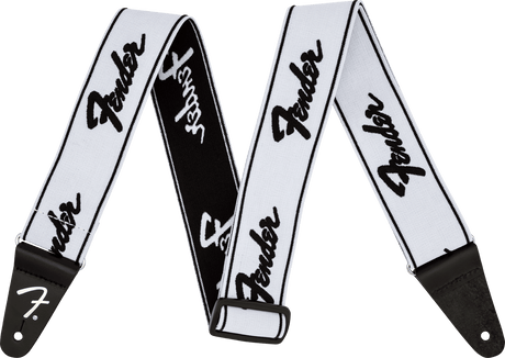 Correa Fender WeighLess Running Logo blanca y negra, vista frontal