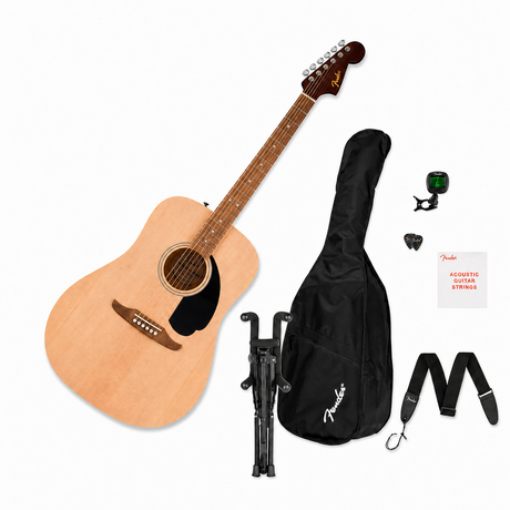 Kit Fender California Debut Redondo Natural con guitarra completa en diagonal