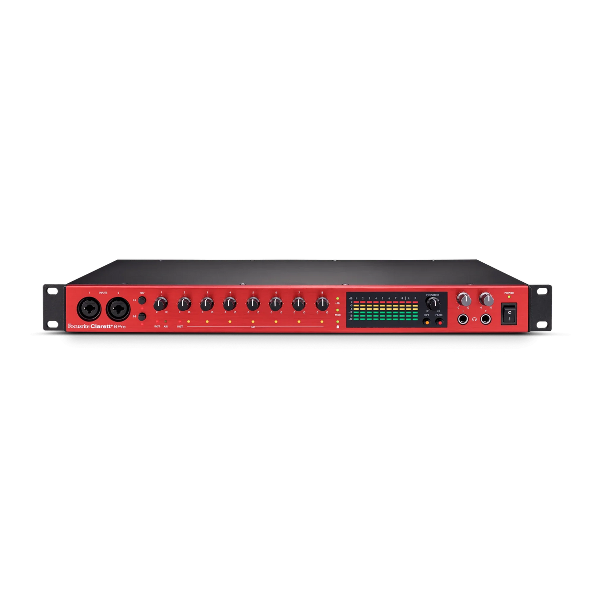 Interfaz de audio Focusrite Clarett+ 8Pre en vista frontal elevada