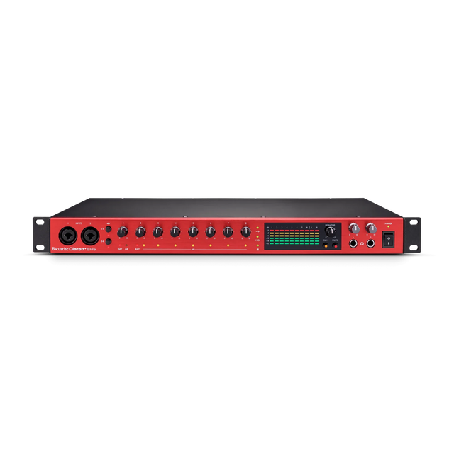 Interfaz de audio Focusrite Clarett+ 8Pre en vista frontal elevada