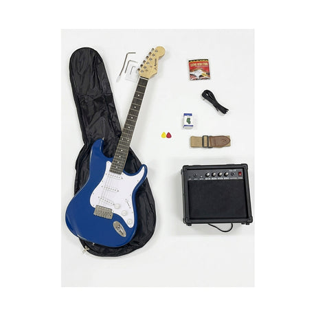 Combo Guitarra Eléctrica Ayson Azul ST-SET completo con guitarra, funda, amplificador y accesorios sobre fondo blanco