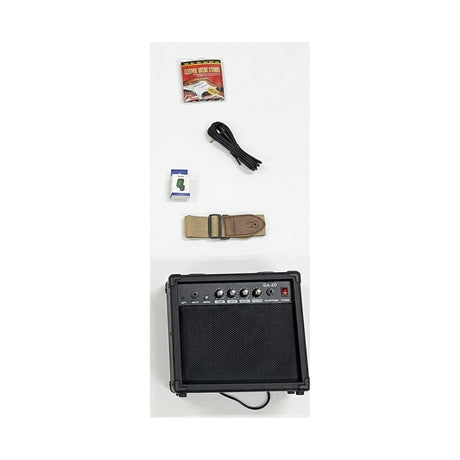 Amplificador GA-20 y accesorios incluidos en el combo Ayson ST-SET azul sobre fondo blanco
