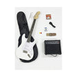 Combo Guitarra Eléctrica Ayson Blanca ST-SET completo con guitarra, funda, amplificador y accesorios sobre fondo blanco