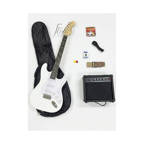 Combo Guitarra Eléctrica Ayson Blanca ST-SET completo con guitarra, funda, amplificador y accesorios sobre fondo blanco