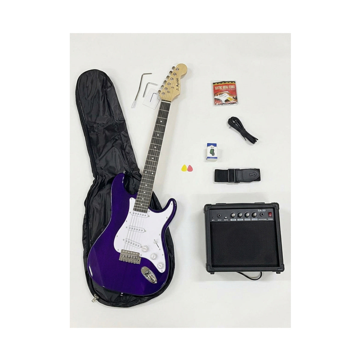 Combo Guitarra Eléctrica Ayson Morada ST-SET completo con guitarra, funda, amplificador y accesorios sobre fondo blanco