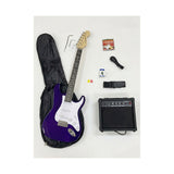 Combo Guitarra Eléctrica Ayson Morada ST-SET completo con guitarra, funda, amplificador y accesorios sobre fondo blanco