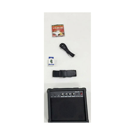 Amplificador GA-20 y accesorios incluidos en el combo Ayson ST-SET morada sobre fondo blanco