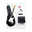 Combo Guitarra Eléctrica Ayson Negra ST-SET completo con guitarra, funda, amplificador y accesorios sobre fondo blanco