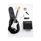 Combo Guitarra Eléctrica Ayson Negra ST-SET completo con guitarra, funda, amplificador y accesorios sobre fondo blanco