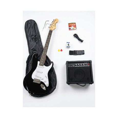 Combo Guitarra Eléctrica Ayson Negra ST-SET completo con guitarra, funda, amplificador y accesorios sobre fondo blanco