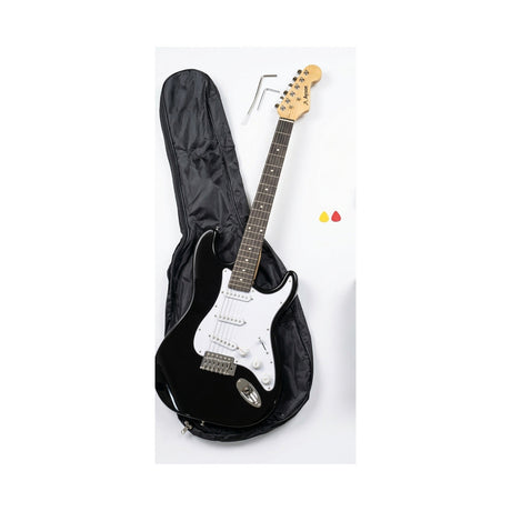 Guitarra negra y funda del combo Ayson ST-SET en vista diagonal sobre fondo blanco