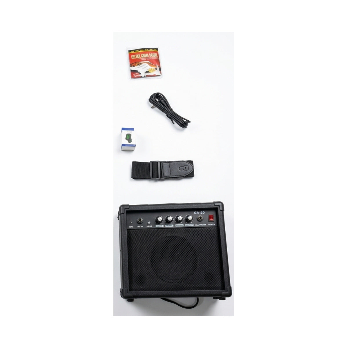Amplificador GA-20 y accesorios incluidos en el combo Ayson ST-SET negra sobre fondo blanco