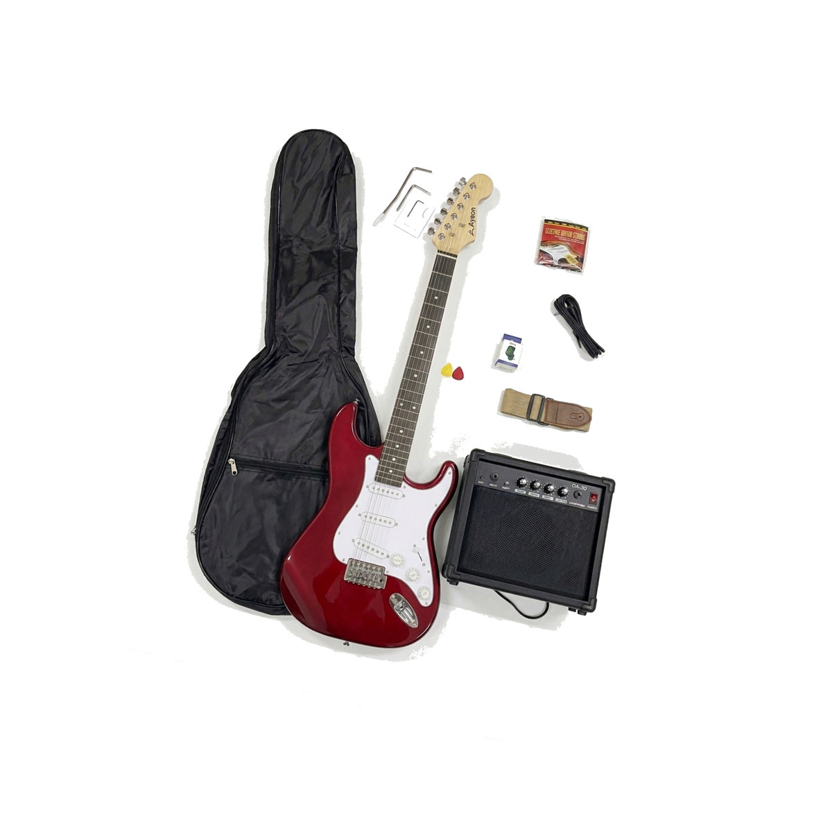 Combo Guitarra Eléctrica Ayson Roja ST-SET completo en vista diagonal con guitarra, funda, amplificador y accesorios sobre fondo blanco