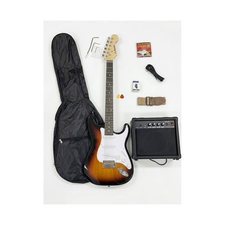 Combo Guitarra Eléctrica Ayson Sunburst ST-SET completo con guitarra, funda, amplificador y accesorios sobre fondo blanco