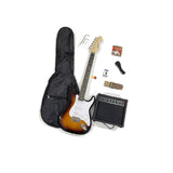 Combo Guitarra Eléctrica Ayson Sunburst ST-SET completo en vista diagonal con guitarra, funda, amplificador y accesorios sobre fondo blanco