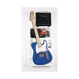 Combo Guitarra Eléctrica Ayson Telecaster Azul TL-SET completo en su embalaje con amplificador y accesorios sobre fondo blanco