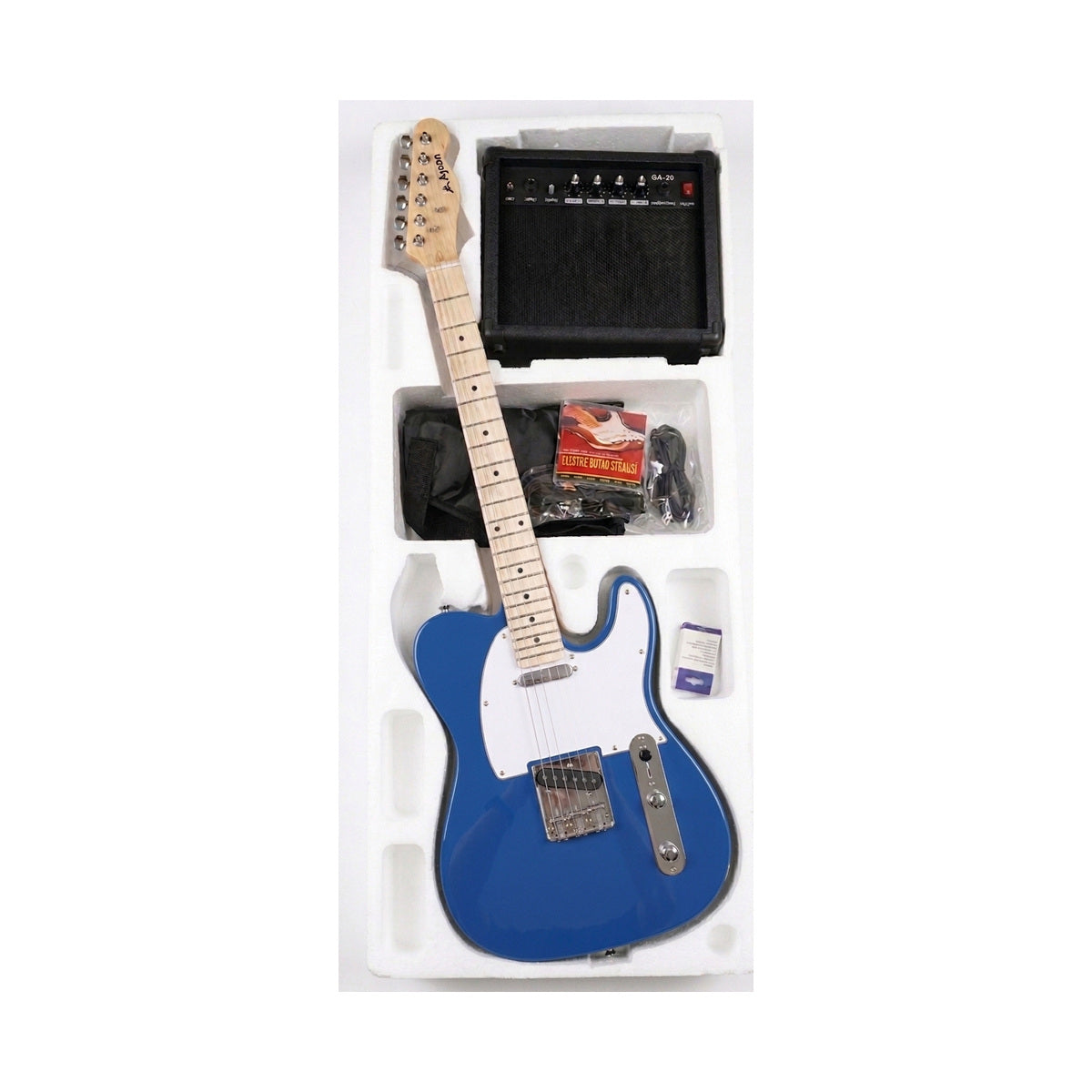 Guitarra Telecaster azul del combo Ayson TL-SET en vista diagonal dentro de su embalaje sobre fondo blanco