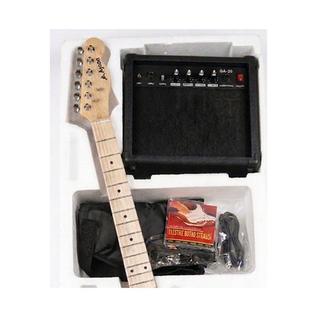 Amplificador GA-20 y accesorios del combo Telecaster Ayson TL-SET azul en su embalaje sobre fondo blanco