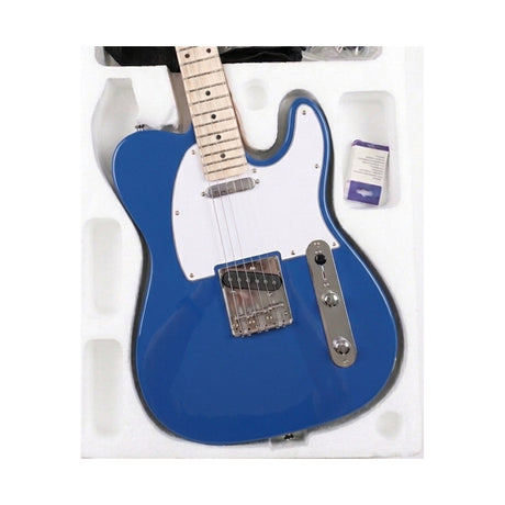 Detalle del cuerpo, puente y controles de la guitarra Telecaster azul del combo Ayson TL-SET sobre fondo blanco