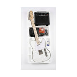 Combo Guitarra Eléctrica Ayson Telecaster Blanca TL-SET completo en su embalaje con amplificador y accesorios sobre fondo blanco
