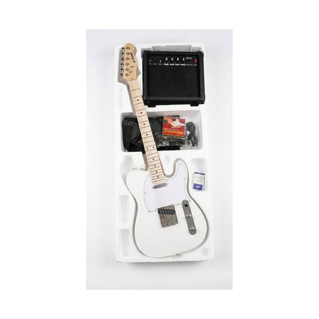 Combo Guitarra Eléctrica Ayson Telecaster Blanca TL-SET completo en su embalaje con amplificador y accesorios sobre fondo blanco