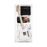 Guitarra Telecaster blanca del combo Ayson TL-SET en vista diagonal dentro de su embalaje sobre fondo blanco
