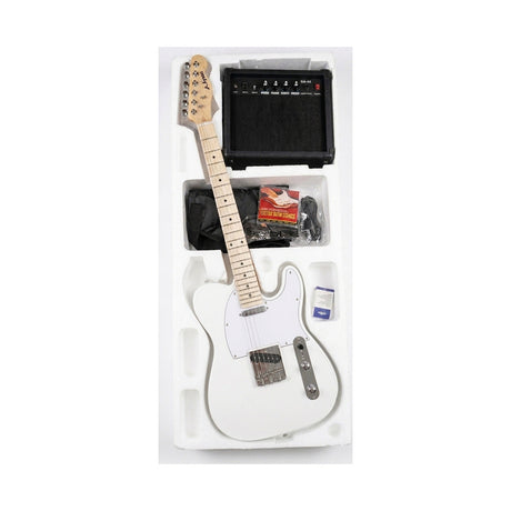 Guitarra Telecaster blanca del combo Ayson TL-SET en vista diagonal dentro de su embalaje sobre fondo blanco