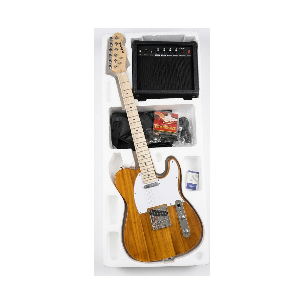Guitarra Telecaster natural del combo Ayson TL-SET en vista diagonal dentro de su embalaje sobre fondo blanco