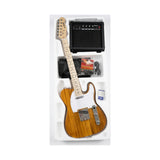 Guitarra Telecaster natural del combo Ayson TL-SET en vista diagonal dentro de su embalaje sobre fondo blanco