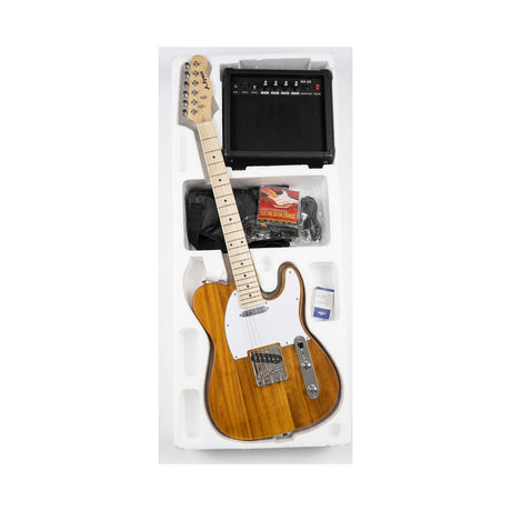 Guitarra Telecaster natural del combo Ayson TL-SET en vista diagonal dentro de su embalaje sobre fondo blanco