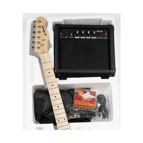 Amplificador GA-20 y accesorios del combo Telecaster Ayson TL-SET natural en su embalaje sobre fondo blanco