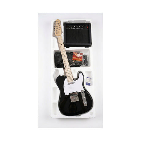 Combo Guitarra Eléctrica Ayson Telecaster Negra TL-SET completo en su embalaje con amplificador y accesorios sobre fondo blanco