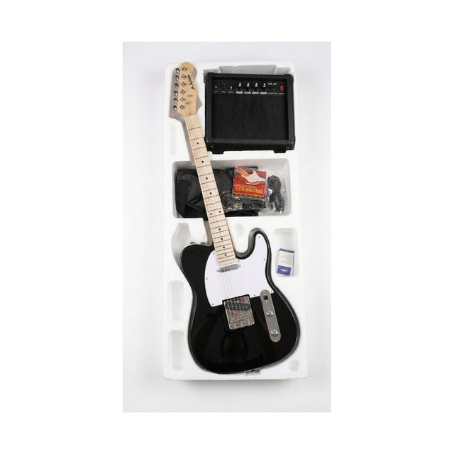 Combo Guitarra Eléctrica Ayson Telecaster Negra TL-SET completo en su embalaje con amplificador y accesorios sobre fondo blanco