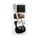 Guitarra Telecaster negra del combo Ayson TL-SET en vista diagonal dentro de su embalaje sobre fondo blanco