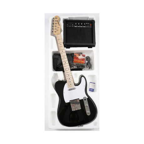 Guitarra Telecaster negra del combo Ayson TL-SET en vista diagonal dentro de su embalaje sobre fondo blanco