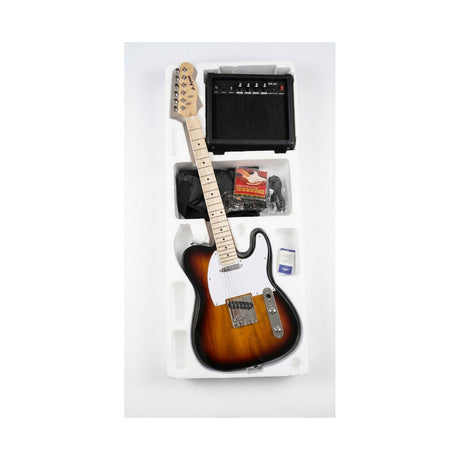 Combo Guitarra Eléctrica Ayson Telecaster Sunburst TL-SET completo en su embalaje con amplificador y accesorios sobre fondo blanco
