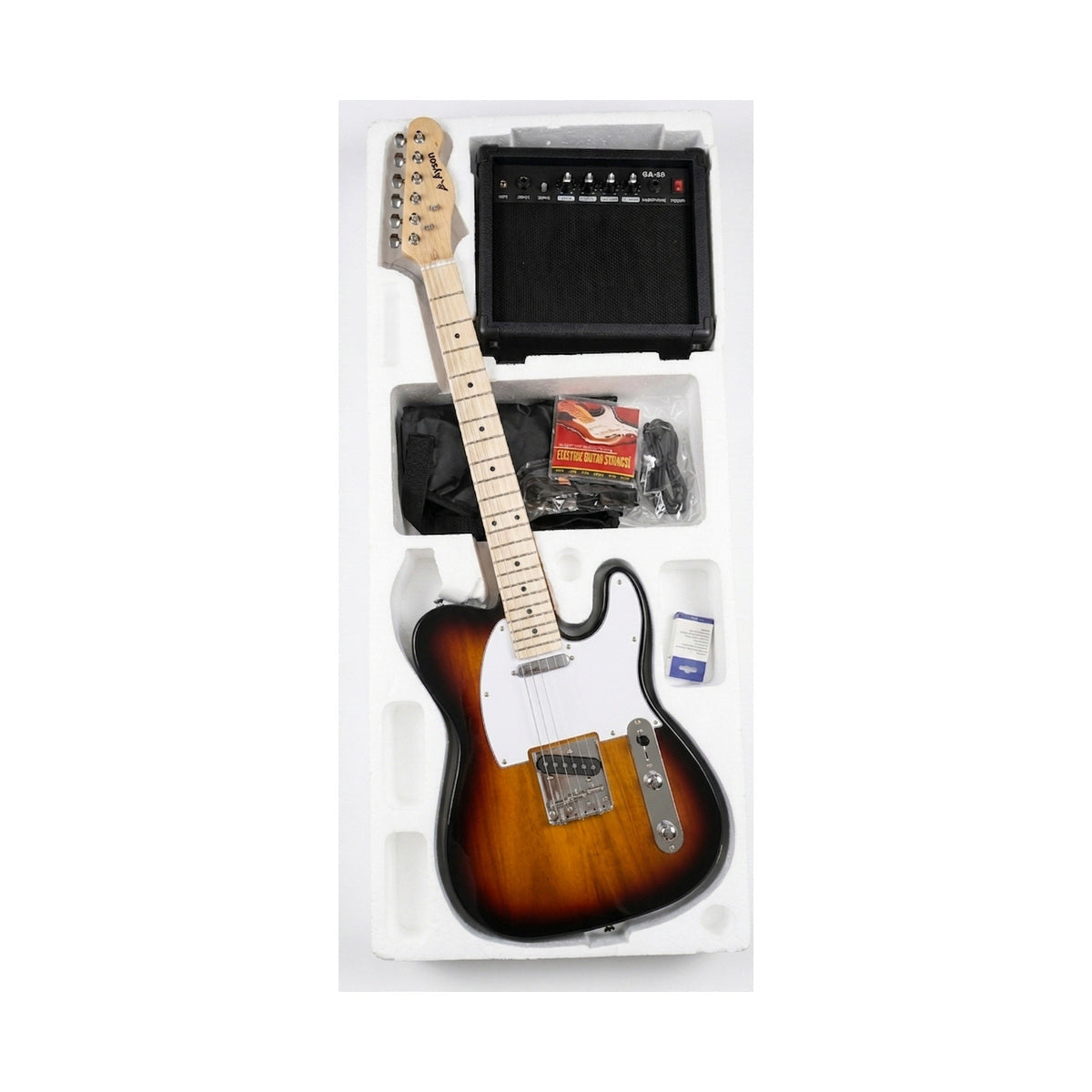 Guitarra Telecaster sunburst del combo Ayson TL-SET en vista diagonal dentro de su embalaje sobre fondo blanco